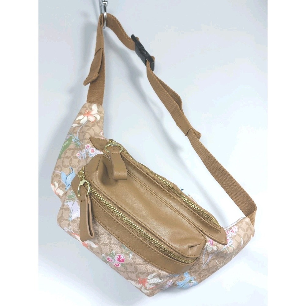 Floral Waist Pack Fanny Pack Vinyl Adjustable Strap Zip Closure Pockets 6"x13"